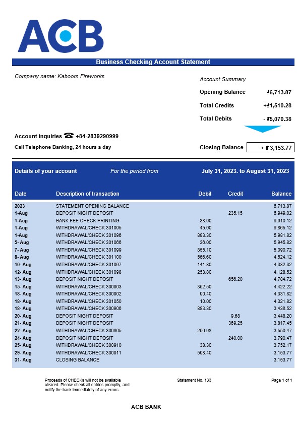 Modèle Word et PDF de relevé de compte d'ACB Bank